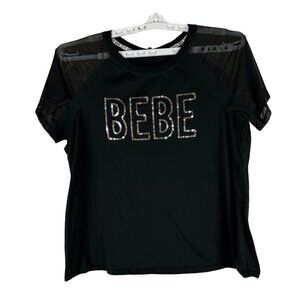 Bebe Sport Black Mesh Sleeve Logo T-Shirt With Sequins - Size 1X
